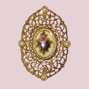 1928 Gold Filigree Vintage Brooch Ceramic Floral Insert